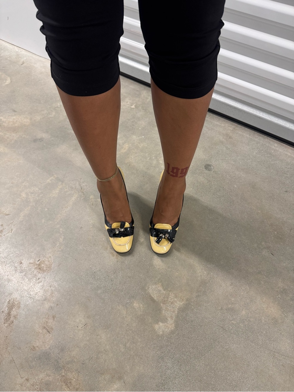 Tods Yellow and Black Patent Tassel Block Heels